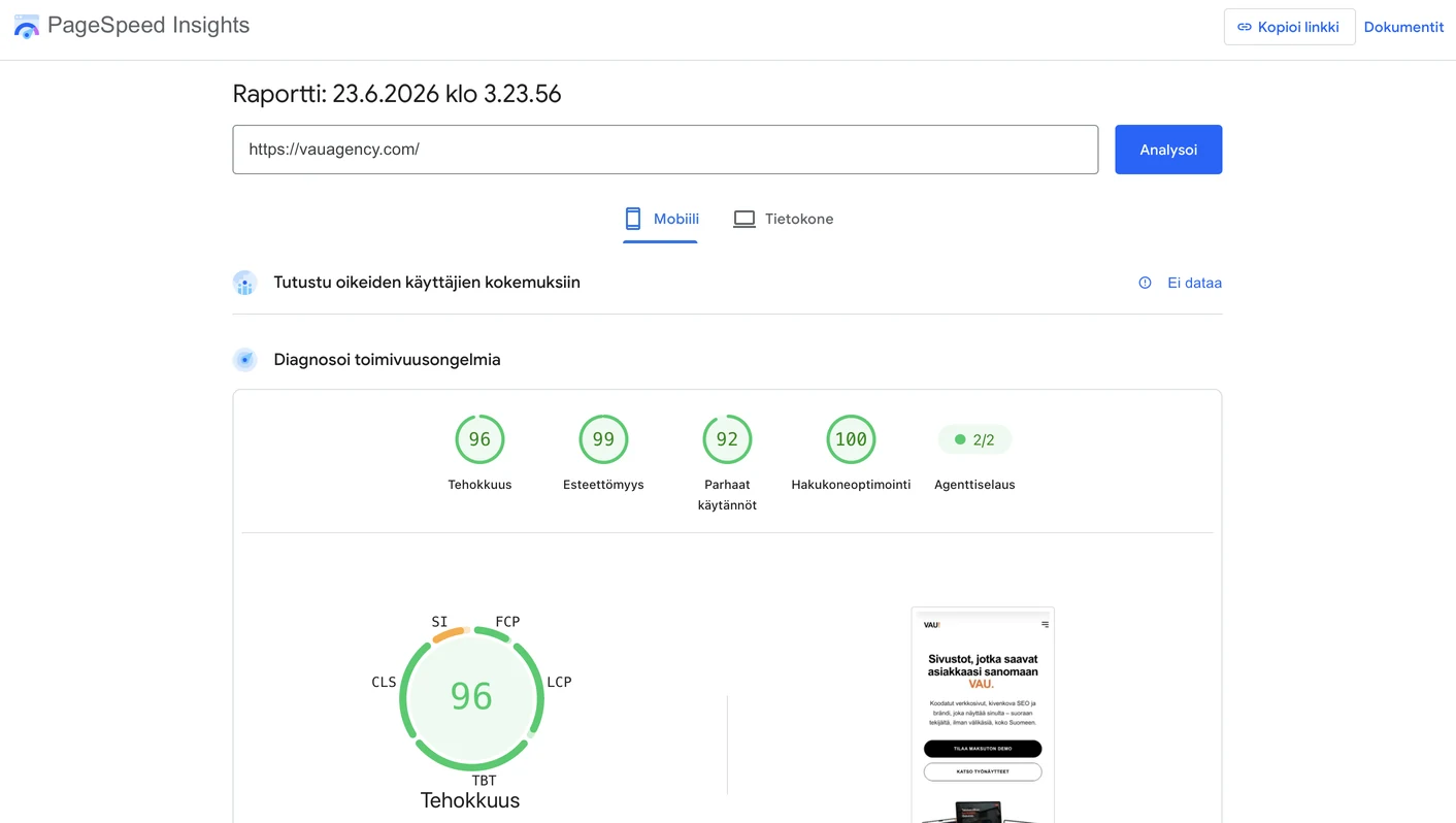 Google PageSpeed Insights -tulos: VAU Agency saa pisteet 96 tehokkuus, 99 esteettömyys, 100 hakukoneoptimointi mobiilissa
