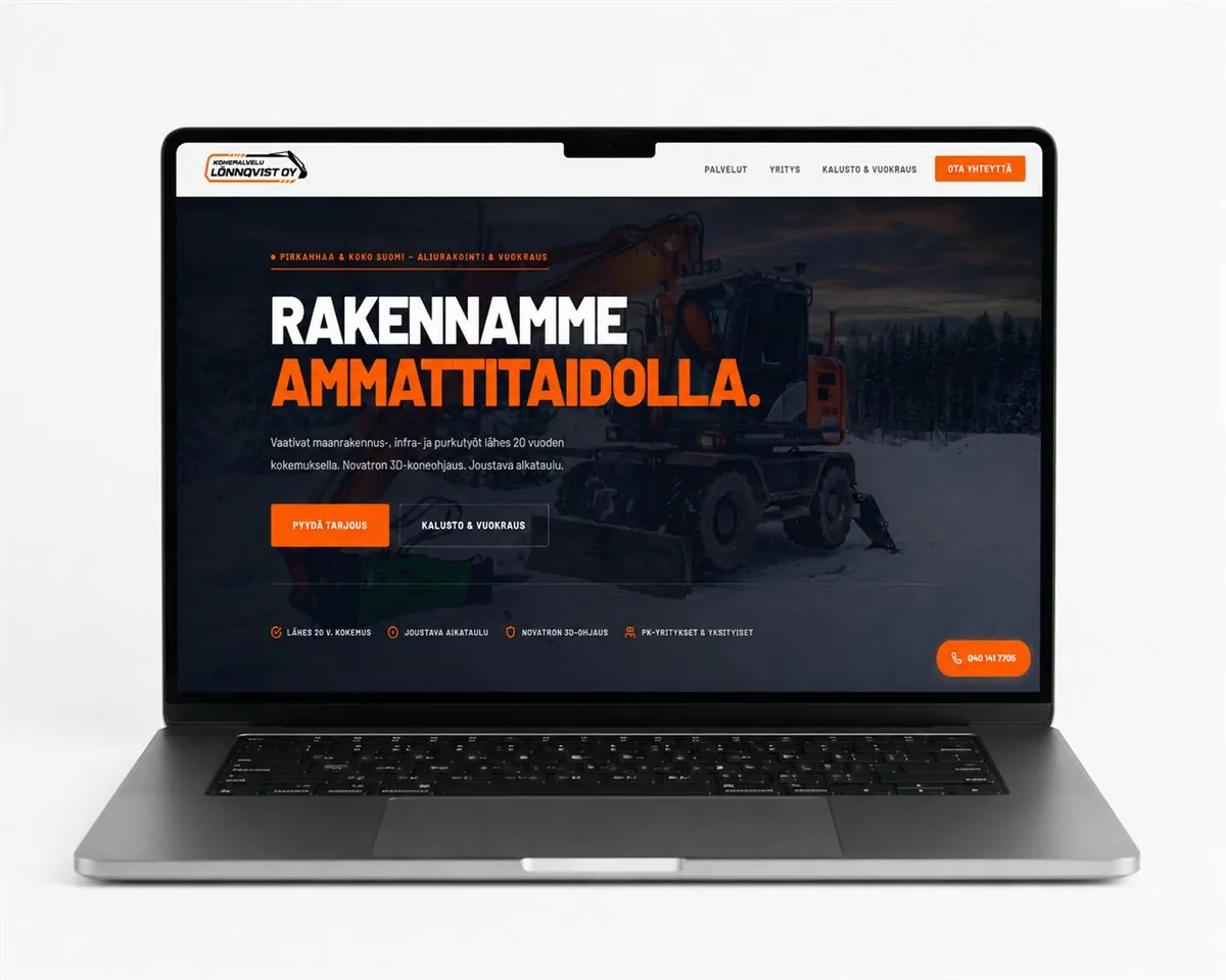 Konepalvelu Lönnqvist Oy website on a MacBook screen – building with expertise