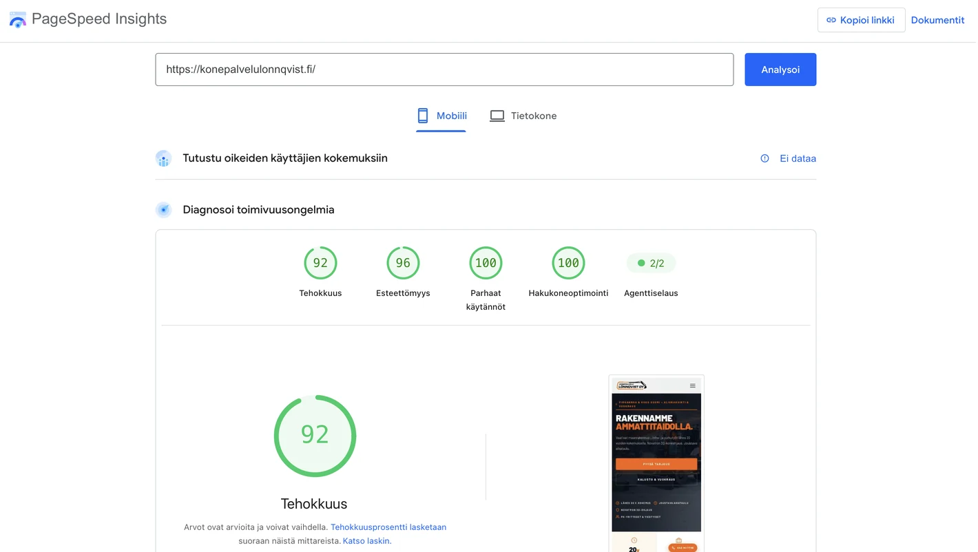 Google PageSpeed Insights -tulos konepalvelulonnqvist.fi-sivustolle: 92 tehokkuus, 96 esteettömyys, 100 hakukoneoptimointi mobiilissa
